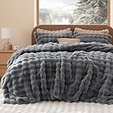 Bedsure Luxurious Faux Fur Duvet Cover Queen Size Set - Ultra Soft & Fluffy & Cozy & Warm - Elegant Shaggy Bubble Design Bedding with Duvet Cover and Pillow Shams, Grey