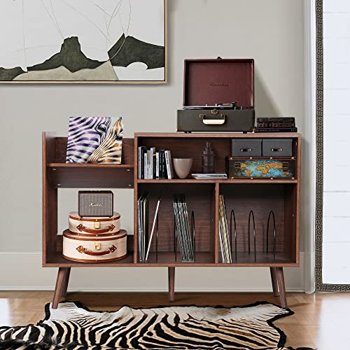 affeivul Mid-Century Modern Record Player Stand, Vinyl Record Storage Table with Wood Legs, Turntable Stand, Record Holder Holds Up to 300 Albums, for Living Room, Bedroom