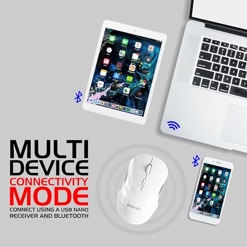Image of Zebion Connect-3 Triple Mode /Multidevice Mouse,Rechargeable Battery with Type C Cable,Upto 2400 DPI, Silent Click, Ergonomic Design (Bluetooth 5.3 +Bluetooth 5.3, 2.4GHz Wireless) (White)