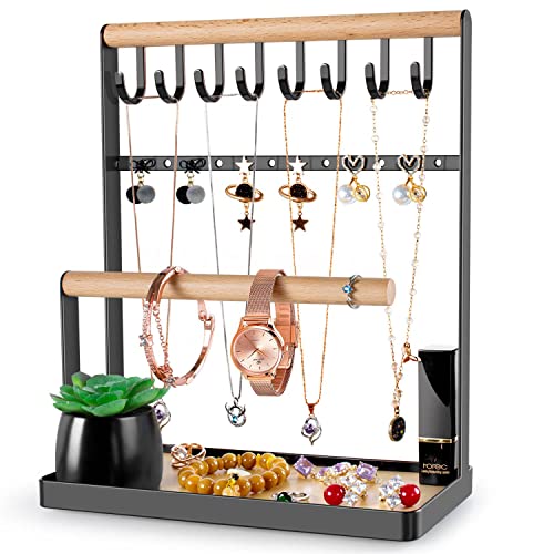 Jewelry Stand Necklace Holder Organizer, 4-Tier 8 Hooks 12 Earrings Holes, Wooden Tower for Bracelets, Rings & Watches