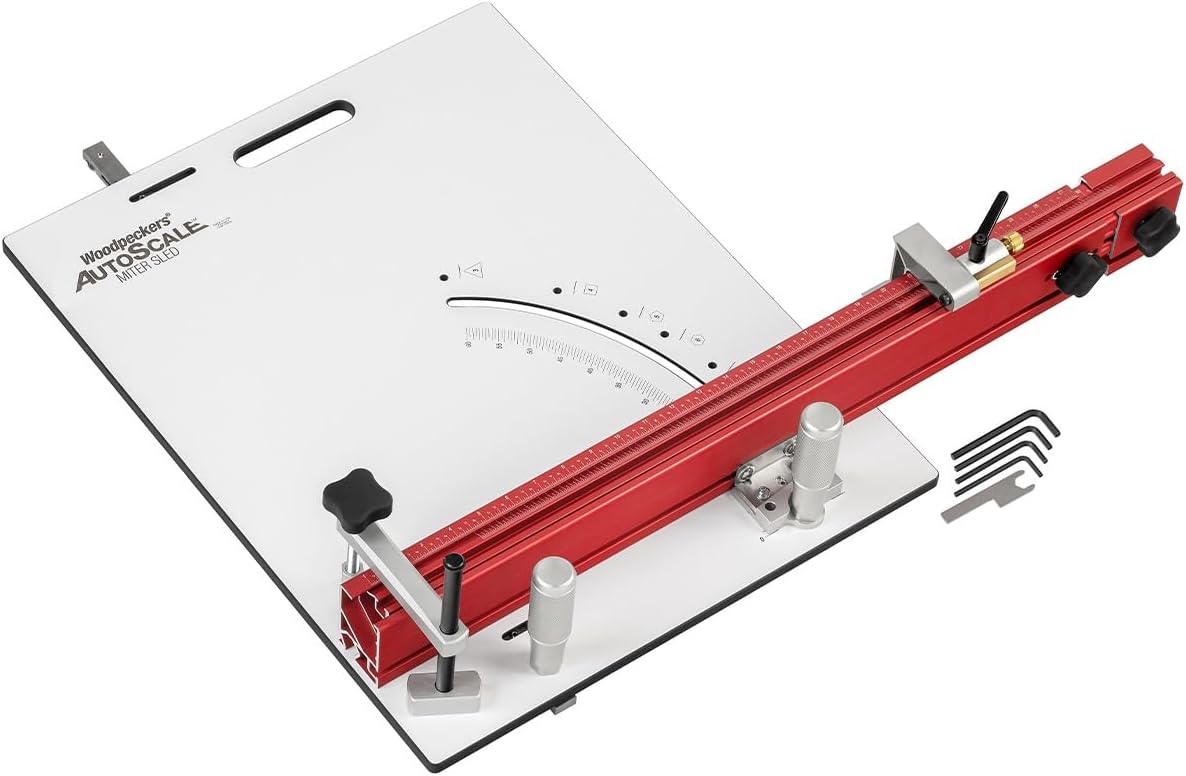 Woodpeckers AutoScale Miter Sled, Metric Right, Phenolic Table Saw Crosscut Sled, Extendable Auto Adjust Fence, 0°-60° Cuts, Leaf Spring Miter Bar