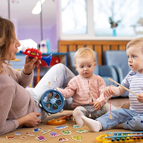 FRIUSATE 15 pieces Magnetic Fishing Game, Wooden Fish Educational Toys with Fish Rod Magnets Learning Games Fishing Game for Kids Learning Sea Animals