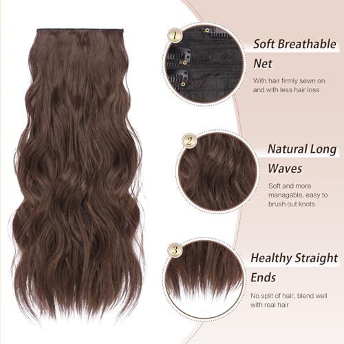 FESHFEN Clip in Hair Extensions 4 PCS Thick Hairpieces Chocolate Brown Long Wavy Clip in Hair Piece Full Head Synthetic Hair Extensions for Women 20 Inches - Image 3