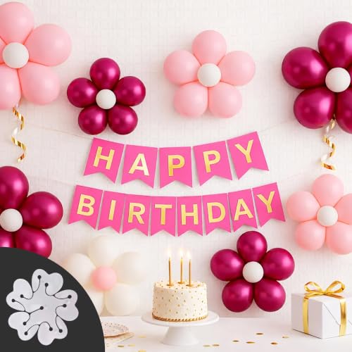 Image of The FOMO Factory 8 Pcs Flower Balloon Clips + 50 Pcs Metallic Chrome Balloons - Pink Birthday Decoration Kit with Pink Golden HBD Banner | Reusable Party Props Kit for Girl Birthday (PinkFC)