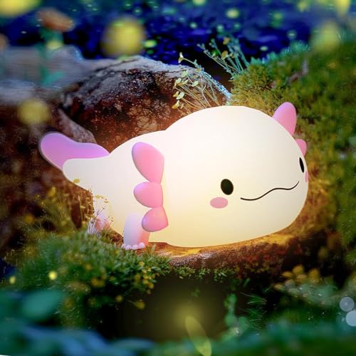 Image of ELEPHANTBOAT Axolotl Night Lamp for Kid, Silicone Cute Axolotl LED Table Lamp, Colour Changing with USB Rechargeable Night Light, Sensor light with 15mins Auto Off Kid Room Bedside Light, Gift for Kid