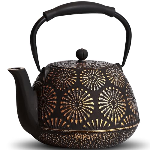 MILVBUSISS Théière en fonte de grande capacité de 1200 ml avec infuseur pour plaque de cuisson, théière japonaise Sakura pour feuilles mobiles, revêtement intérieur émaillé, poignée en silicone, noir