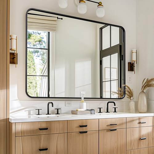 Image of USHOWER Black Bathroom Mirrors for Over Sink 30 x 40 Inch, Metal Frame Rectangle Vanity Mirror, Modern Farmhouse, Wall Mounted for Bedroom, Living Room, Entryway Remodel & Upgrade