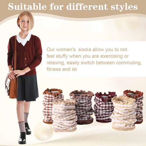 Image of 6 Pairs Women Ruffle Striped Frilly Socks, Cute Checkered Ankle Sock for Women Cotton Knit Casual Crew Socks