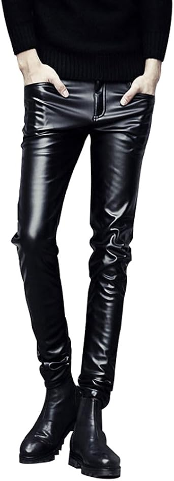 Idopy Men`s Stretchy 5 Pockets Biker Faux Leather Jeans Skinny Pants