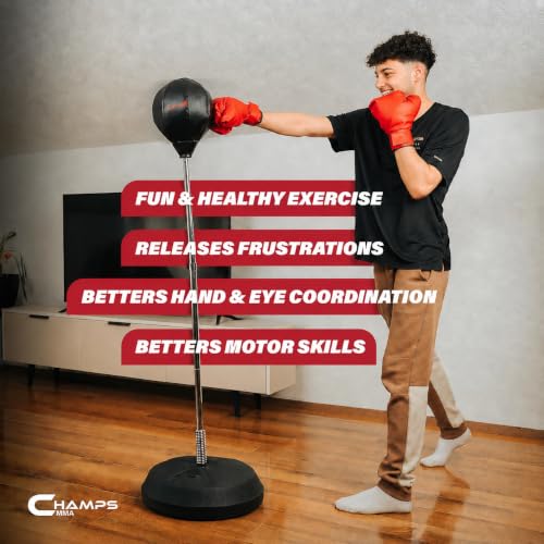 Image of Champs MMA Freestanding Reflex Bag with Stand | Adjustable Height Punching Bag Dummy with Gloves | Home Boxing Training for Agility and Hand-Eye Coordination