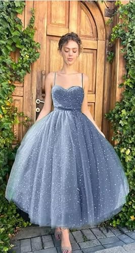 Tea Length Tulle Prom Dress 2025 for Women Formal Sparkly Glitter Party Evening Dress Spaghetti Straps Ball Gown3