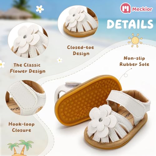 Image of Meckior Baby Toddler Infant Girls PU Leather Soft Open Toe Summer Sandals Flower Princess Flat Shoes