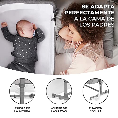 kk Kinderkraft NESTE UP Cuna Colecho para Bebé con Colchón, Cuna de Cabecera, Fácil ajuste de cama de padres, Ajuste de altura, Buena Circulación de Aire, Ruedas transportarás, Gris