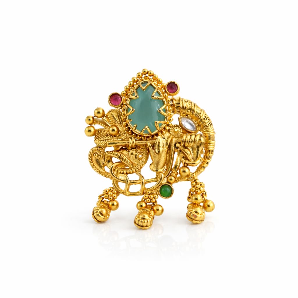 stree store Gold Plated Traditional Flute Design Adjustable Ring with Green Artificial Stones and Kundan Work Brass Ethnic Jewellery-picture-21