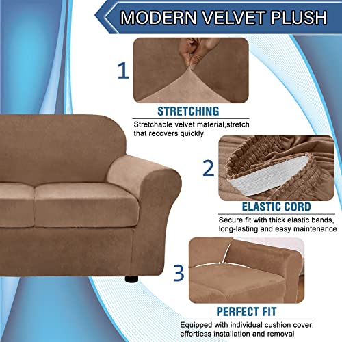 Ulticor 3-Piece Velvet Loveseat Cover, Luxury Thick Soft Sofa Slipcover For 2 Cushion Couch, Loveseat Slipcover, 2 Seat Couch Cover, High Stretch, Quality, Machine Washable (Sand, Medium) #TOP1