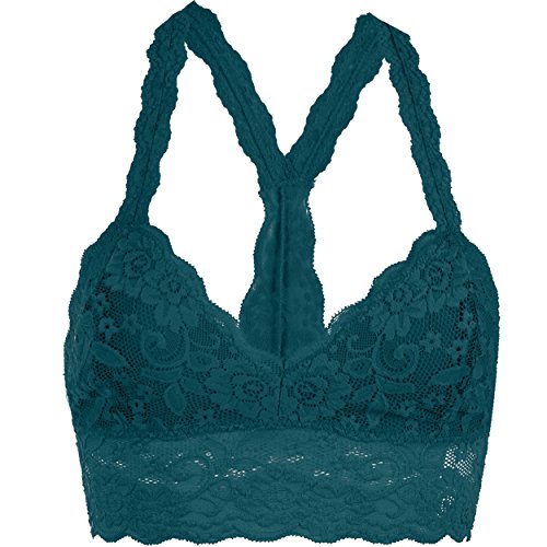 Floral Racerback Bralette Top Sheer Bustier Wlreless Removable Pads Breathable Bra(F. Teal, Xl) #TOP3
