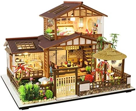 xiaolajiao Miniature Dollhouse Kit with Furniture and Music, DIY Wooden Chinese Japanese Style Retro Villa Dollhouse Kit Handmade Assembled Model Birthday Gifts for Kids and Adults
