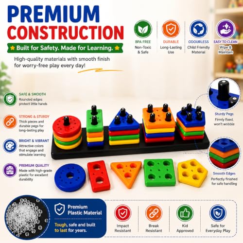 Image of PLUSPOINT Shape Stacking Board Toy, 26-Piece Montessori Shape Sorting Puzzle, Educational Learning Toy for Kids, Color & Shape Recognition, Counting, Fine Motor Skills, Hand-Eye Coordination