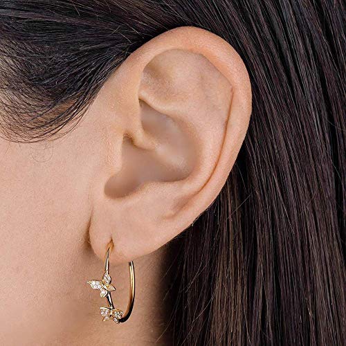 Double CZ Butterfly Dangle Hoop Earrings for Women Girls 14K Gold Plated Cubic Zirconia Big Gold Hoops Click Top Lever-back Clasp Earring Dainty Huggie Jewelry for Wedding Party Prom2