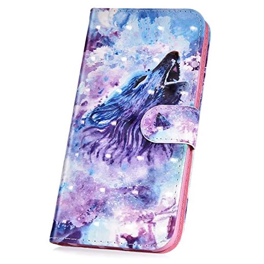 JAWSEU Fodral kompatibelt med Huawei Honor 7A, premium PU-läder plånboksfodral 3D färgglad mönsterdesign med stativ korthållare öppning fram och bak folio magnetiskt fodral, varg-1
