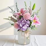LUEUR Faux Flowers with Vase, Artificial Silk Flowers in Vase, Fake Pink Lily,Purple Hydrangea and Dandelion flower, Arrangement for Home Spring Decor Dining Table Centerpiece Decorations Coffee Table