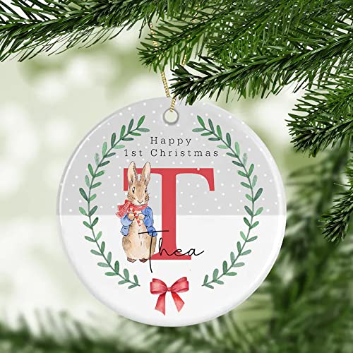 AmazingThings Personalized First Christmas Baby Ceramic Ornament - Custom Baby's Name, Cute First Christmas Baby Ornament (Rabbit 02)