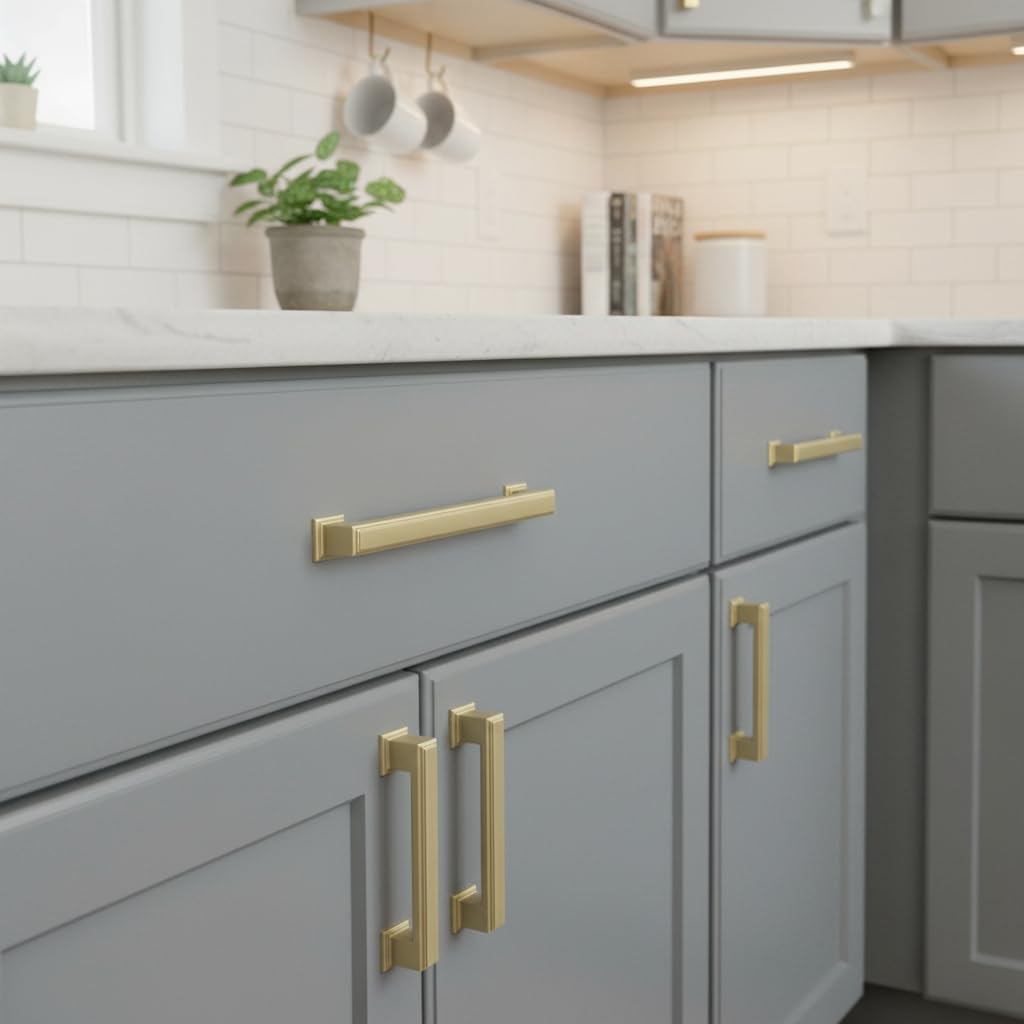 Alzassbg 10 Pack Brushed Gold Cabinet Pulls, 5 Inch(128mm) Hole Center Cabinet Handles Kitchen Pulls for Cabinets and Drawer AL3071MGP