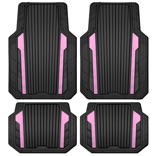CAR PASS Heavy Duty Rubber Car Mats Metallic Aluminum Film Cute All Weather Floor Mats Waterproof Universal Trim to Fit for SUV Sedan Van 4 Piece Deep Dish Two-Tone Sporty Black Light Pink Chrome