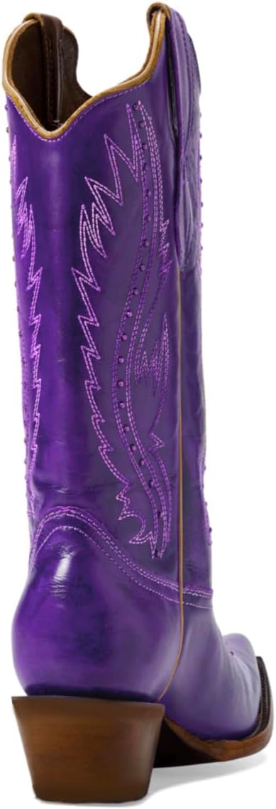 Women Vintage Embroidered Cowboy Boots Knee High Western Boots Chunky Stacked Heel Pointed Square Toe Mid Calf Cowgirl Boots Matte Metallic Pull On V Cut Fall Boot Exotic 4-11 M US