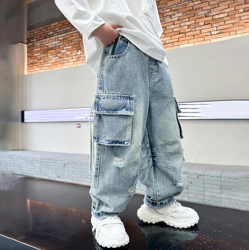 Boys Baggy Jeans for Teens Kids Y2k Wide Leg Loose Cargo Jeans Elastic Waist Denim Pants Trousers Streetwear 4-14Y3