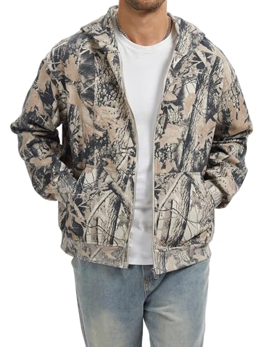 Camo Zip up Hoodie Men Full-Zip Fleece Hoodies Oversized Hooded Sweatshirts Maple Leaf Print Long Sleeve Sweatshirt