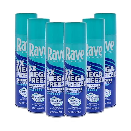 Image of Rave 5X Mega Freeze Unscented Aerosol Hairspray by Rave - Heat Protection, Long Lasting Firm Hold - Minimizes Frizz and Static - 6 pc