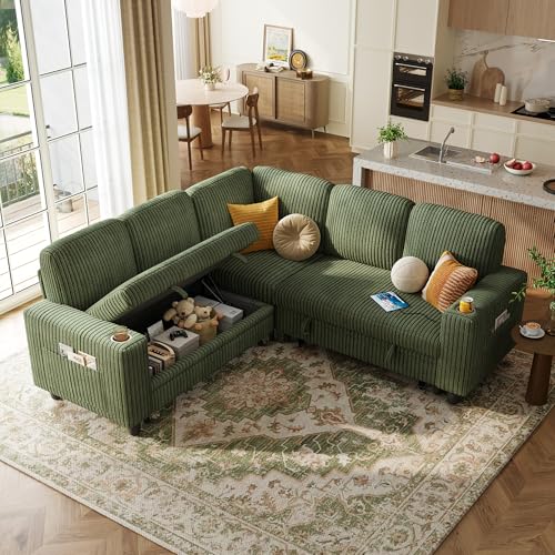 LINSY HOME Pull Out Sofa Bed Sectional Sleeper Sofa with Storage, Plush Corduroy Pullout Modular Sectional Couches for Living Room, L Shaped Convertible Couch Bed for Apartment (Green)