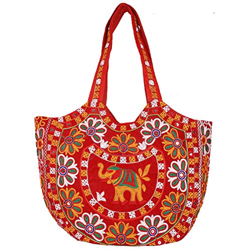 Craft Trade Tote Bag for Women Big Size Stylish Embroidery Rajasthani Ethnic Mirror Work Cotton Tote Bag with Zipper Tote Bag for Grocery, Shopping, Travel, Beach Shoulder Bags for Women