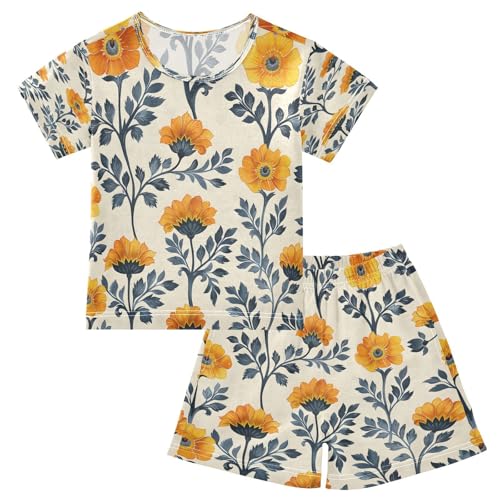 senya Short Sleeve Pajamas Sets Summer Cotton Sleepwear Indigo Marigold Flowers