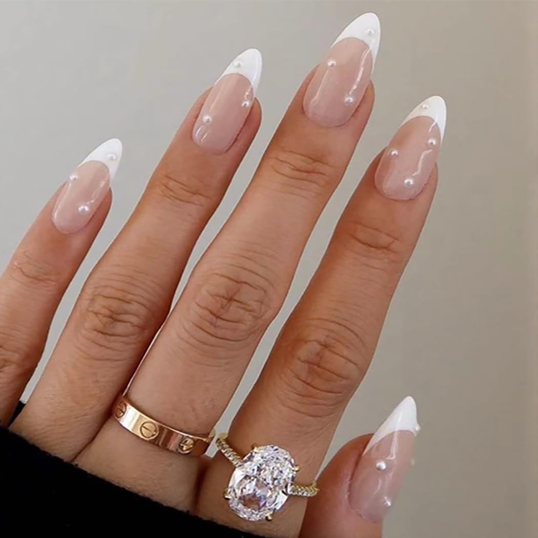 Brishow French Pearl Press on Nails - Almond Pink Ballerina Acrylic Fake Nails for Bride Wedding - 24pcs for Women and Girls