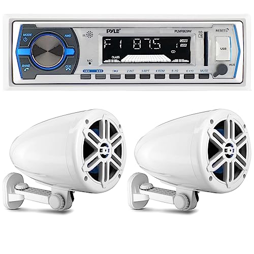 Pyle PLMRB29W Single Din Bluetooth USB/AUX/MP3 Marine Stereo Receiver w/Remote Control (White) with Pyle PLMRWK59WT 5.25