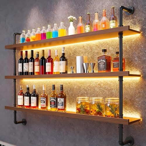 47.2' Modern Wine Rack Wall Mounted with LED Lights, 3-Tiers Industrial Pipe Liquor Floating...