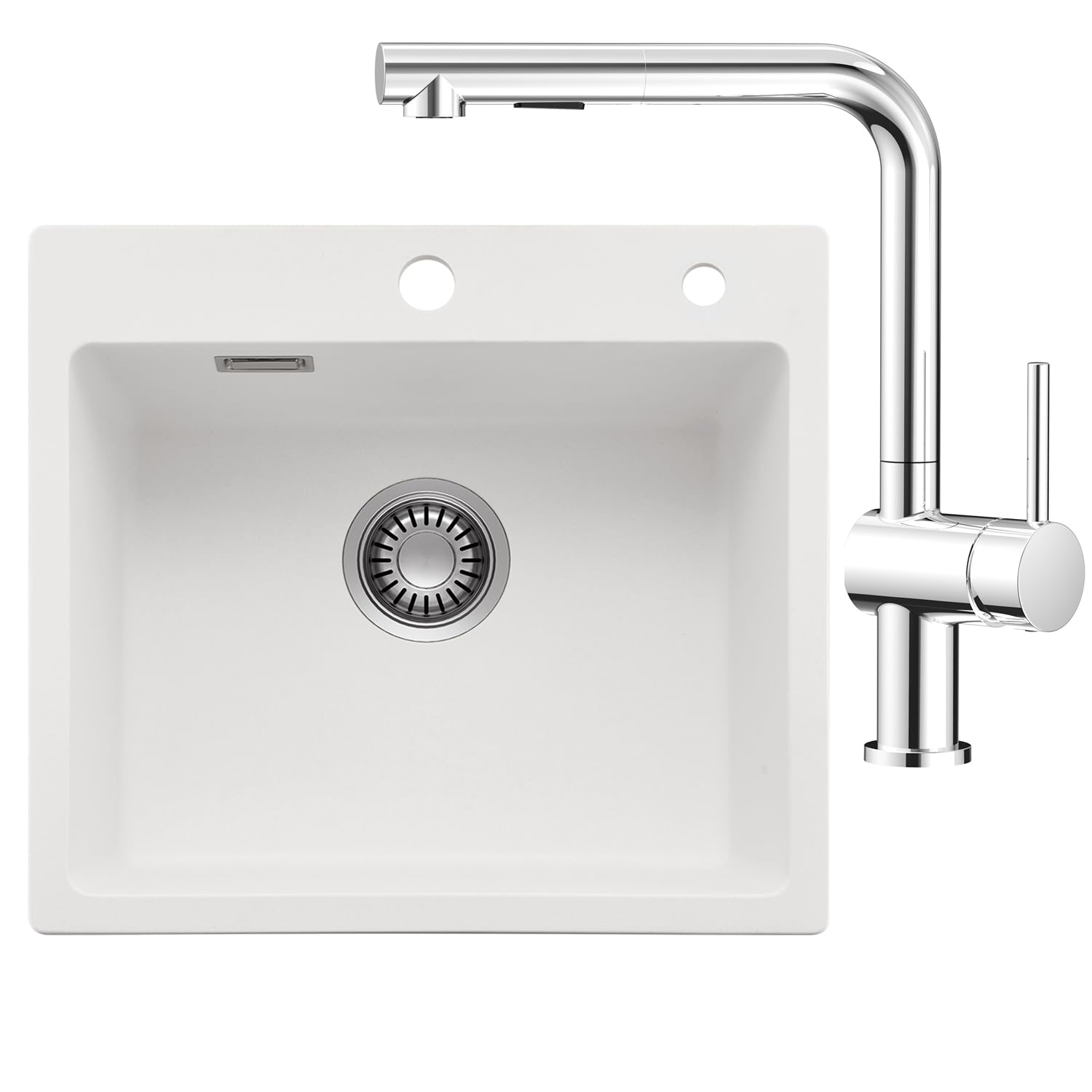 CECIPA Set di lavello bianco 50 x 45 cm con rubinetto da cucina estraibile cromato, lavello da cucina in granito 1 lavello da incasso, 80% sabbia di quarzo incluso sifone e troppopieno