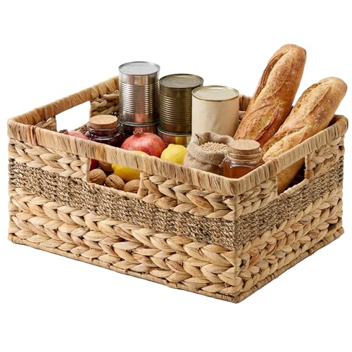 Image of StorageWorks Jumbo Rectangular Wicker Basket, Water Hyacinth and Seagrass Storage Basket with Built-in Handles, 1 Pack