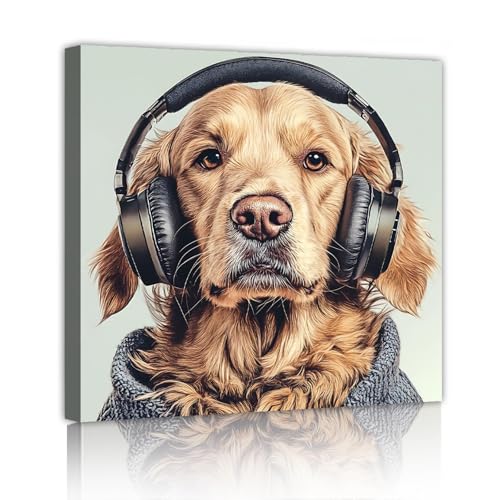 Tableau Pop Art Chien avec Casque de 50x50 cm sur toile imprimée avec cadre intérieur pour salon
