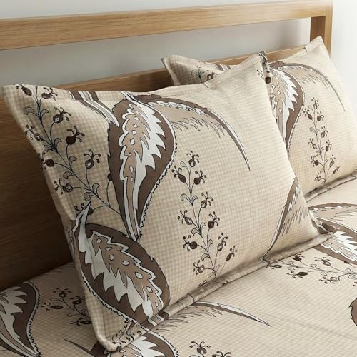Image of Home Sizzler 210 TC Microfibre Abstract Feather Print Double Fitted Bedsheet (72X78 inch) with 2 King Size Pillow Covers