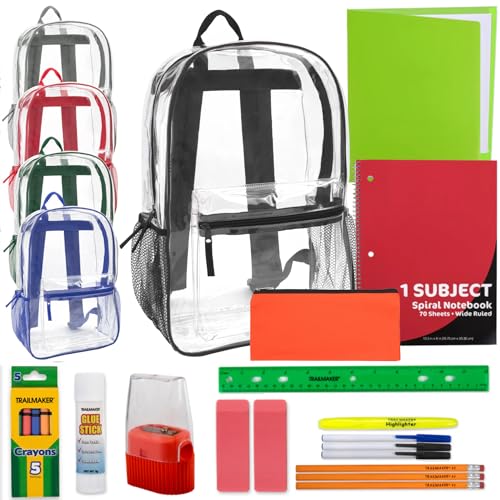 Trail maker 24 Pack Bulk Clear Backpack Heavy Duty with School Supplies, Side Pockets for Kids, Boys, Girls, School, Stadium Approved (Multicolor Pack)