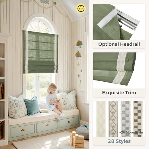 Image of TWOPAGES Liz No Drill Cordless Roman Shades Linen Textured Roman Blinds for Windows, Custom Made Room Darkening Blackout Roman Window Shades, Hardware Included, Olive, 1 Piece
