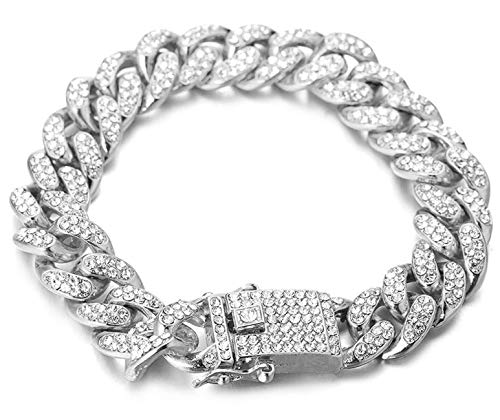 Halukakah Gold Chain Iced Out for Men,Men's 14MM Miami Cuban Link Chain Bracelet 7In(18cm) Platinum White Gold Finish,Full Cz Diamond Cut Prong Set,Gift for Him