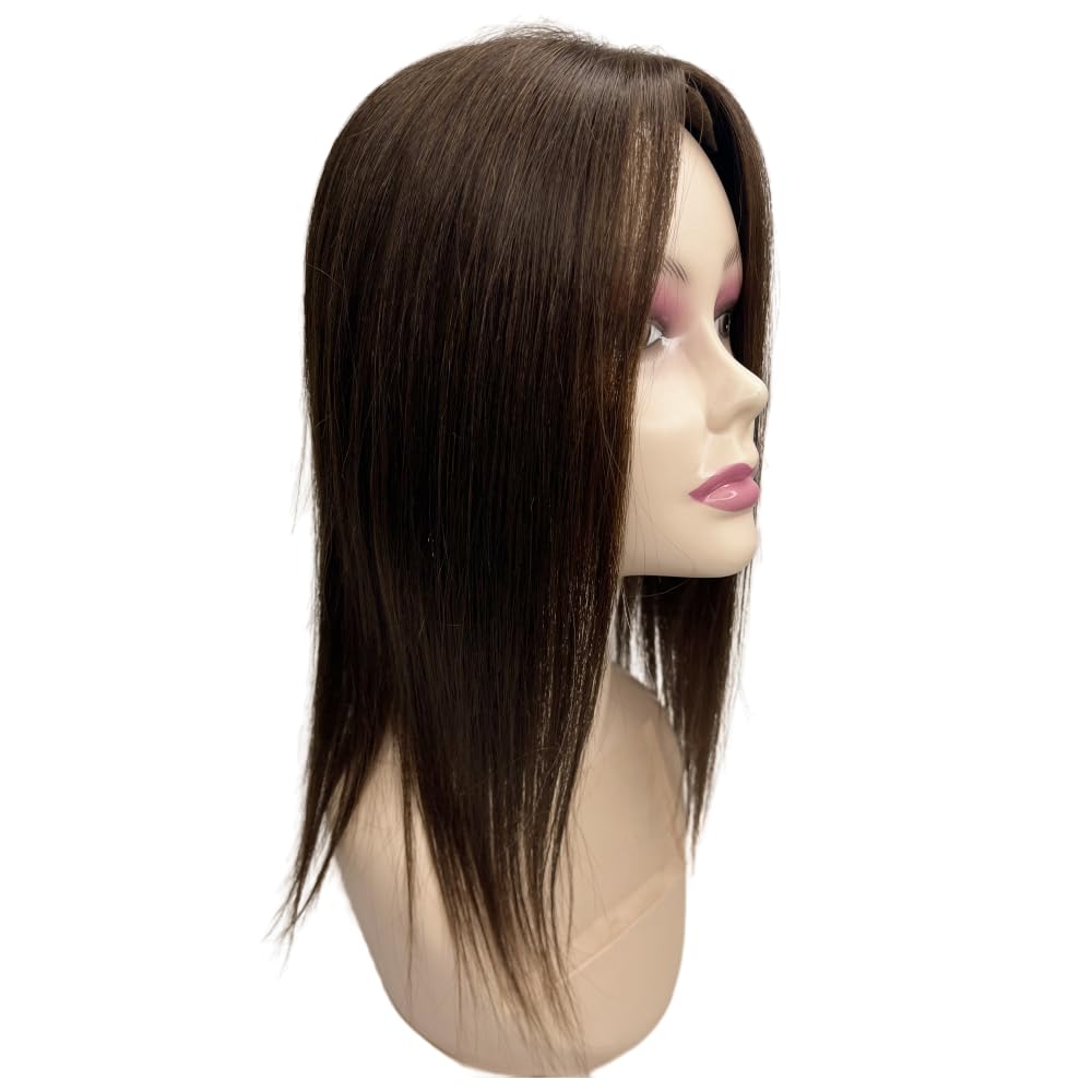 Anemone Silk Base Human Hair Topper For Spot Bald Middle Part Side Bangs Straight Lace Human Hair Partial Wig 5 Clips in Hairpieces Extensions 12X13cm Artificial Scalp (16 inch, Dark Brown)