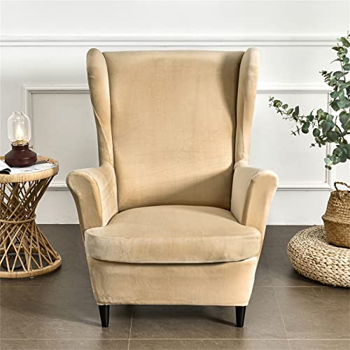 Wing Chair Slipcover 2 Piece Set - 2 IN 1 Design Removable Soft Velvet Wingback Chair Covers Armchair Stretch Covers Furniture Protector for Wingback Chairs Living Room Bedroom Hotel (Khaki)