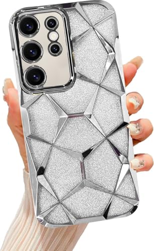 Image of VONZEE Gradient Glitter Case for Samsung S25 Ultra, Luxury Electroplated 3D Cube, Diamond Bling Shiny Soft TPU Clear Shockproof Women Girls Protective Phone Cover (Silver)