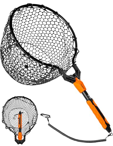 pullther Kescher Angeln Teleskop-Kescher 67-90cm Fischschonend Gummiert Klappbarer Korrosionsbeständiger Aluminium Angelkescher Forellenangeln (Runden 67cm)
