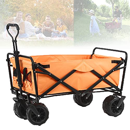 Carretilla plegable de 4 ruedas con dirección integrada en ruedas delanteras, estructura de acero forjada, para playa, jardín y compras, color naranja miniatura 1